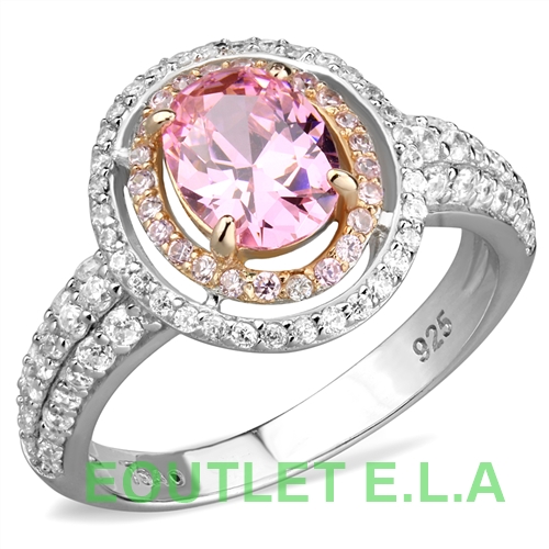 EXQUISITE PINK CZ DOUBLE HALO SOLID SILVER RING-size 9